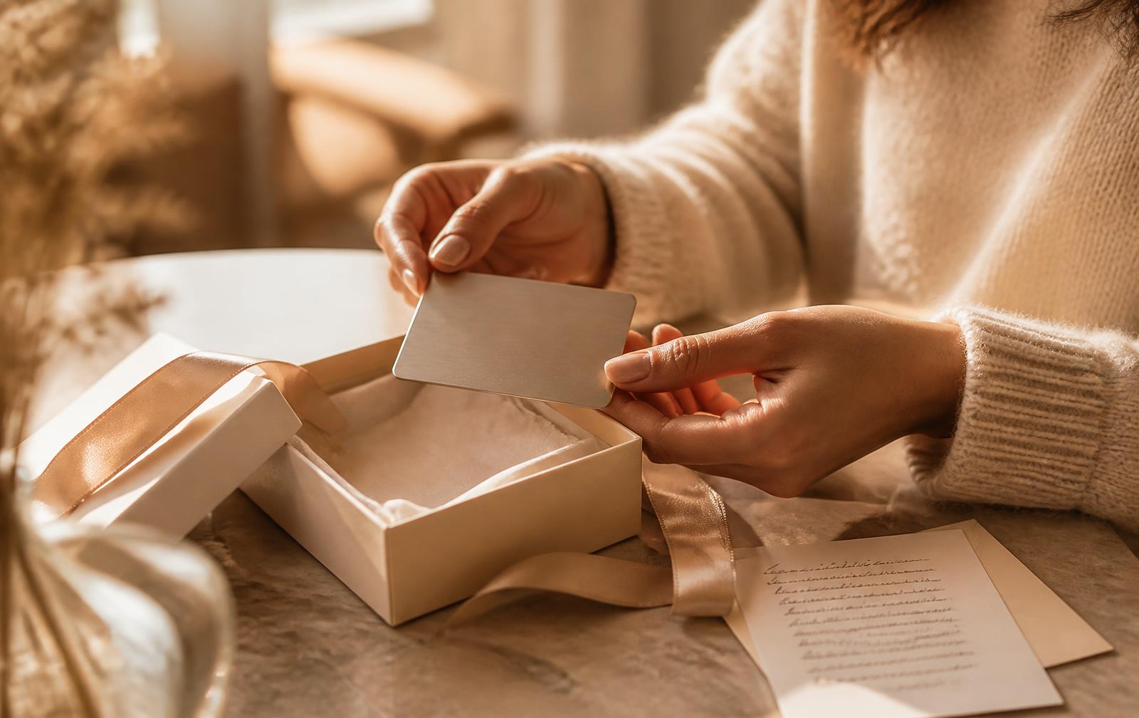 A metal Solenne Gift Edition lifted from the ivory box beside a handwritten greeting card