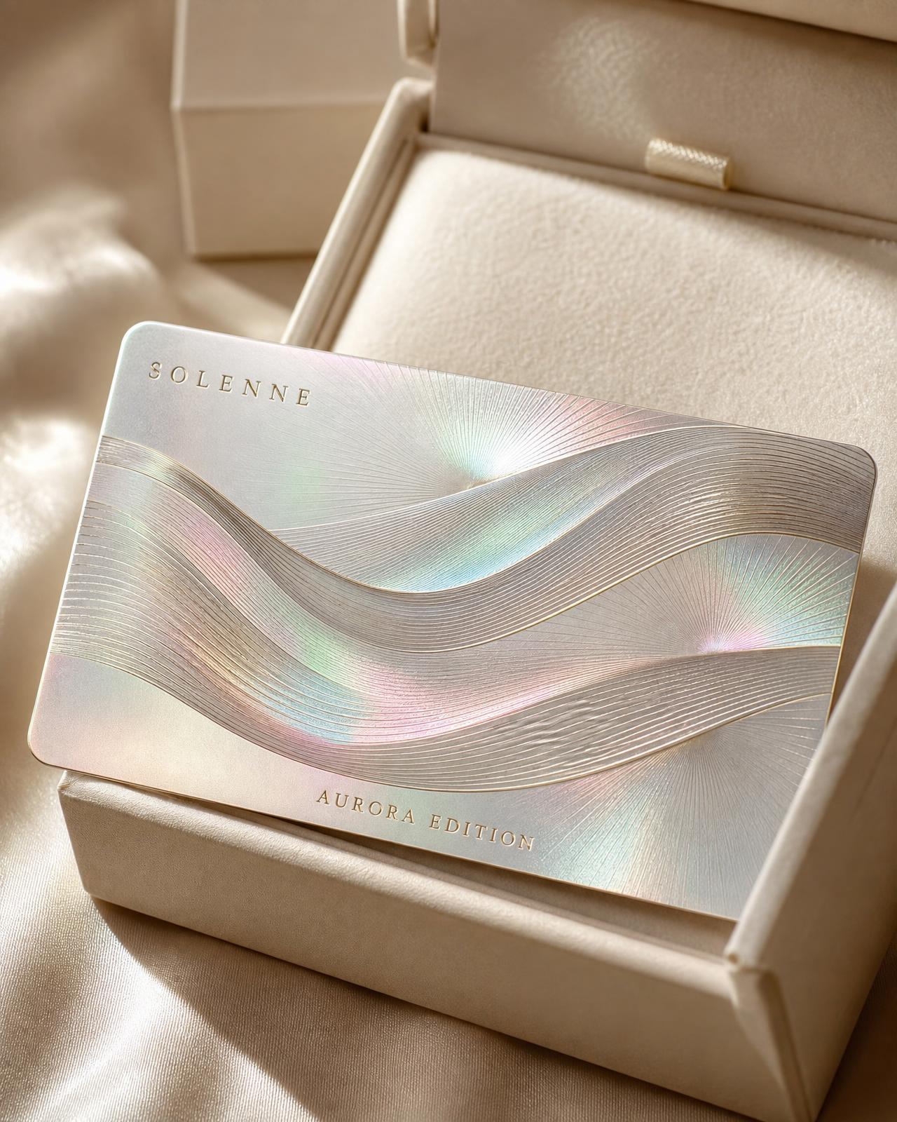 Aurora Edition pearl-white metal card with engraved aurora waves, half lifted from a pearl velvet box