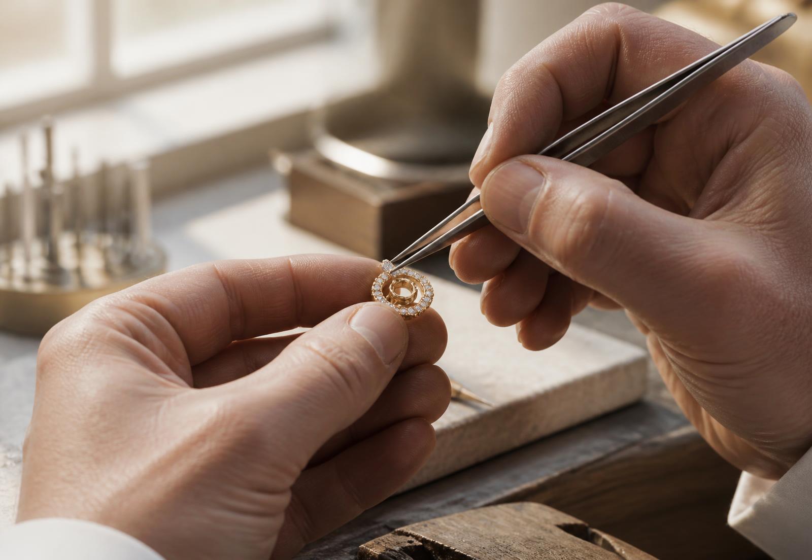 A goldsmith setting a gemstone into a gold halo setting