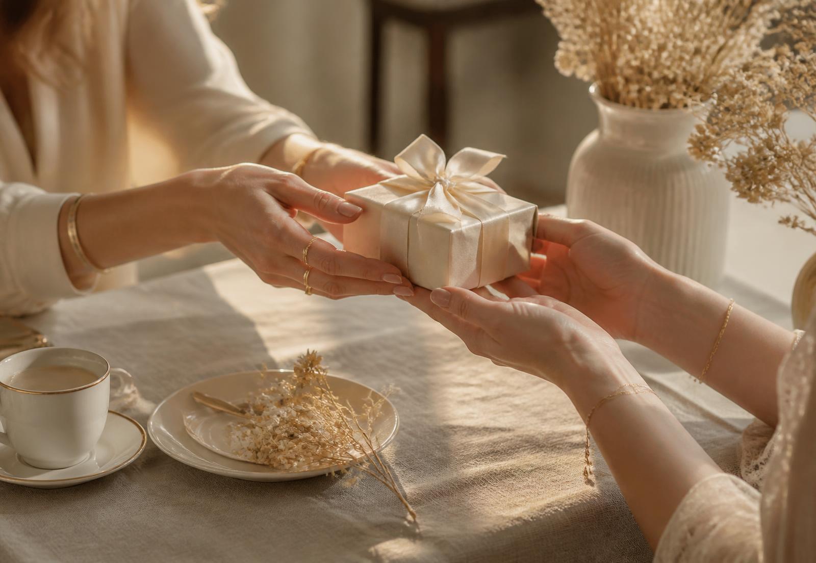 A ribboned gift box passed between two hands