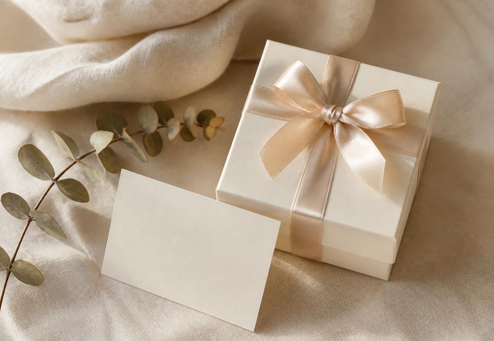 Ivory jewellery box tied with champagne ribbon beside a handwritten card